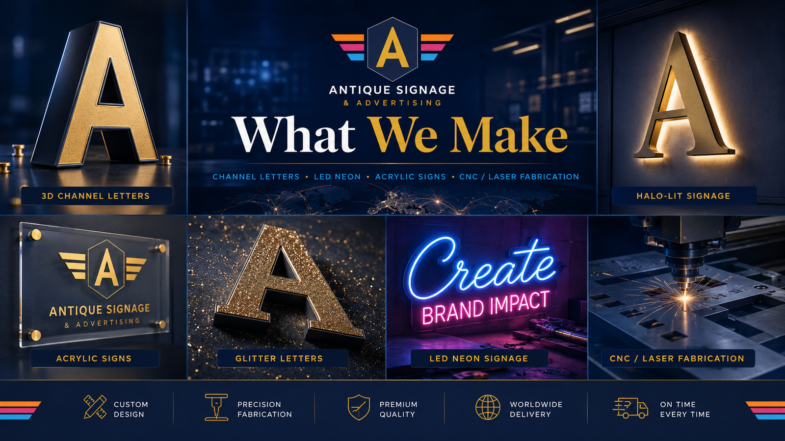 Branded Antique Signage visual showing signage categories and manufacturing strengths